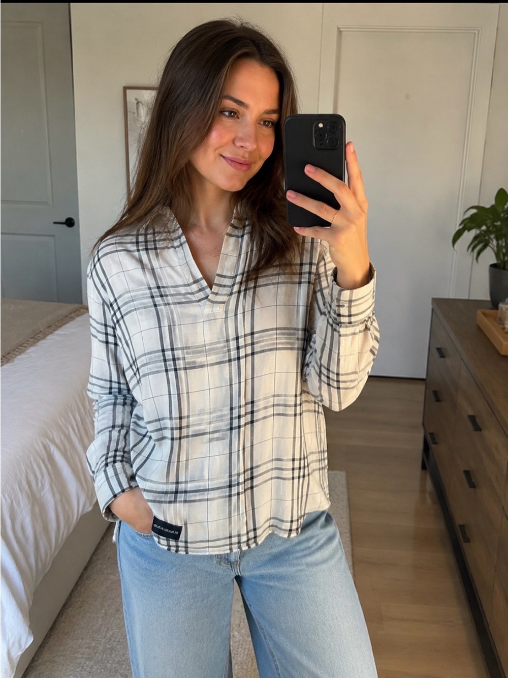 Calvin Klein Jeans Cream and Black Plaid V-Neck Shirt